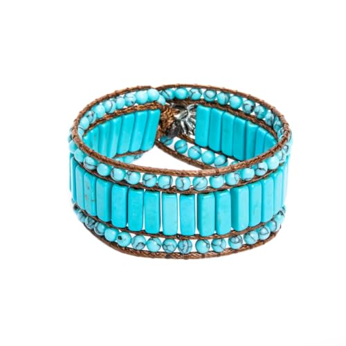 YGLINE Boho Handmade Natural Stone Bead 3 Row Wide Wrap Wrist Statment Bracelet Jewelry Collection - color: new-Turquoise