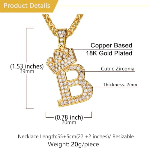 U7 Crown Initial Necklace Men Women, Bling Diamond A-Z 0-9 Letter Pendant with Wheat Chain, Silver/Black/Gold Plated CZ Alphabet Number Hip Hop Jersery for Father Husband - color: a. Gold, size: 02. B