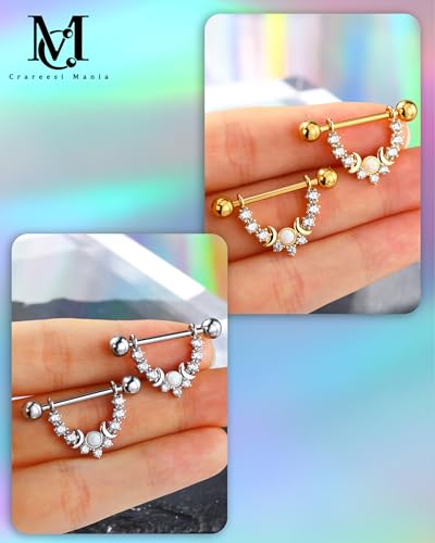 CM Crareesi Mania Opal Nipple Rings 316L Stainless Steel Nipple Shield Ring for Women 14G Moon Phase Nipple Piercing Jewelry - color: Gold-Double Moon