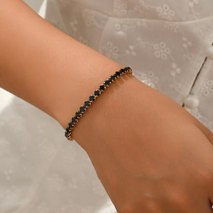 18K Gold Plated Tennis Bracelets for Women, Adjustable Cubic Zirconia Bracelet with Multi-color 4mm CZ Diamond Paperclip Chain, Dainty Trendy Birthday Bridal Jewelry Gifts for Women Daily Party Wear - color: Black