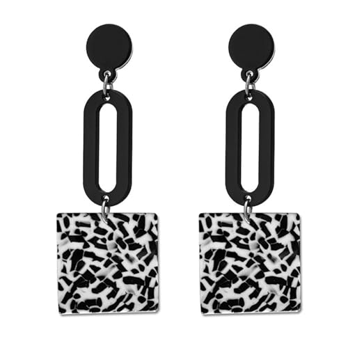 MALOYANVE Acrylic Earrings for Women Trendy Fashion Bohemian Retro Multicolor Mottled Resin Lightweight Geometric Hollow Dangle Drop Statement Post Earrings - color: Black White