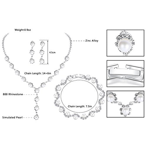 Simulated Pearl Leave Floral Bridal Jewelry Sets, Crystal Wedding Necklace Earrings Bracelet Sets Jewelry Engagement Gift - color: D-Clear