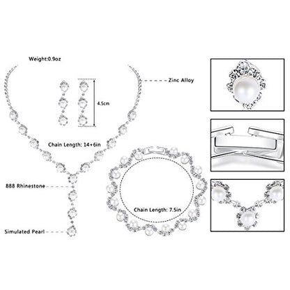 Simulated Pearl Leave Floral Bridal Jewelry Sets, Crystal Wedding Necklace Earrings Bracelet Sets Jewelry Engagement Gift - color: D-Clear