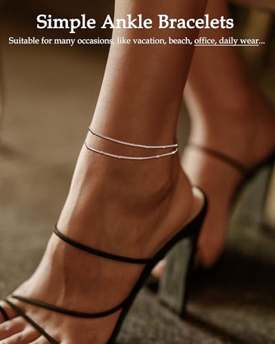 Gold Silver Ankle Bracelets for Women Waterproof 14K Gold Plated Anklets for Women Non Tarnish Dainty Layered Beaded Heart Anklet Set Summer Beach Foot Chain Jewelry Gifts Trendy Stuff - color: A- Beaded Anklets- Silver