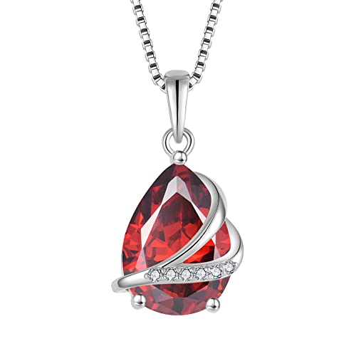 Birthstone Pendant Necklace 925 Sterling Silver Teardrop Jewelry for Women - color: Deep Red