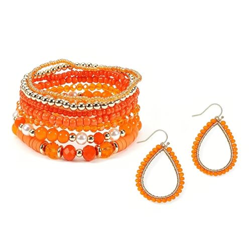 Bohemia Multilayer Stackable Beaded Bracelets Earrings Set Colorful Sparkly Crystal Beaded Stretch Bracelets Teardrop Earrings for Women Men Summer Beach Boho Vacation Jewelry - color: Orange
