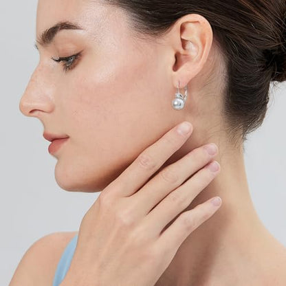 925 Sterling Silver Pearl Leverback Earrings for Women Cubic Zirconia Pearl Jewelry 10MM - color: A: Leverback-Light Gray
