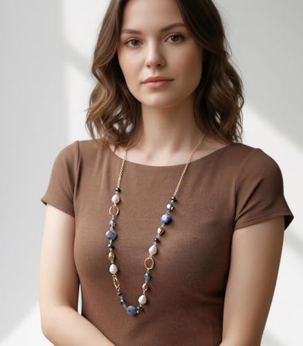 Long Gold Necklaces for Women Trendy Beaded Chain Necklace Chunky Costume Jewelry Gifts for Her - color: Navy Blue