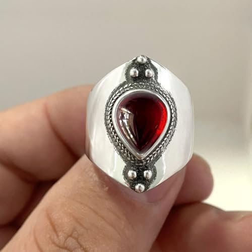 Natural Waterdrop Stone Wide Band Ring,Sterling Silver Genuine Teardrop Crystal Quartz Gemstone Statement Wide Chunky Full Finger Band Ring for Women - color: A01_Garnet