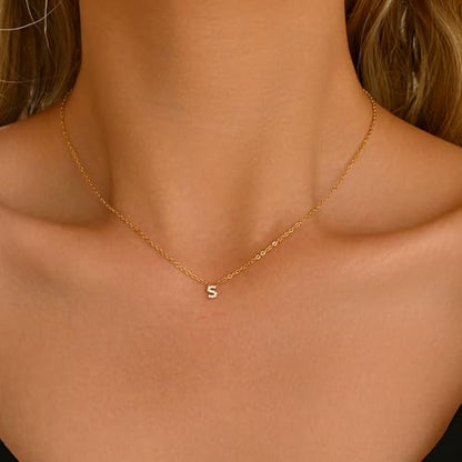 Small Letter Necklace for Women 18K Gold Plated Cubic Zirconia Tiny Initial Necklace Dainty Personalized Name Necklaces - color: S-Gold