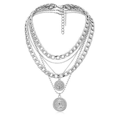 MJartoria Gold Layered Necklaces for Women Trendy Retro Birthflower Coin Pendant Necklace Dainty Chunky Chain Choker Necklaces for Jewelry Birthday Gifts - color: Silvery, style: June Birthflower-Rose