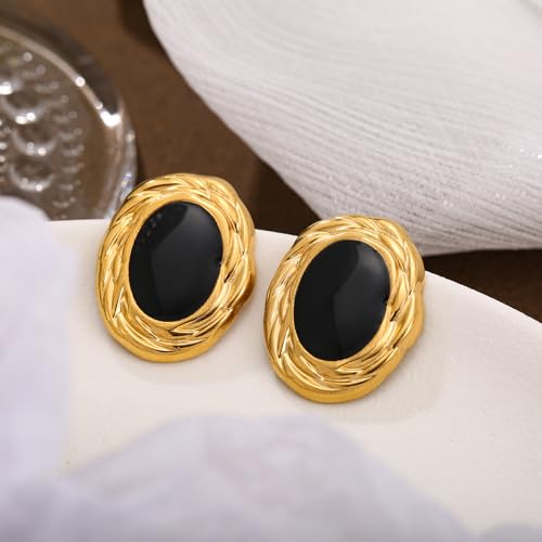 RAUCHBE Big Chunky Gold Earrings for Women Vintage Black Oval Earring Onyx Statement Earrings Trendy Jewelry - style: C