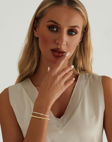 14K Gold Plated Bracelets for Women Dainty Tennis Initial Bracelet Trendy Beaded Stackable Charm Bracelets Layered Waterproof Bracelet Dainty Bracelet for Women Jewelry Gifts - style: R