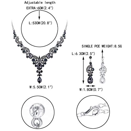 EVER FAITH Rhinestone Crystal Bridal Floral Wave Teardrop Necklace Earrings Set - color: 2pcs_Grey