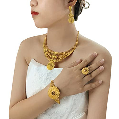 indian Women Jewelry Necklace Set african Dubai Bride Wedding Prom Fashion Jewelry 24K Gold Plated Necklace Bangles Rings Earrings - color: S-340