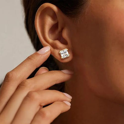 Brilliant Heart-cut/Oval-cut/Trillion-cut/Cushion-cut/Emerald-cut/Marquise-cut Stud, 925 Sterling Silver Cubic Zirconia Stud Earrings for Women Men - style: H-Square-cut-Yellow