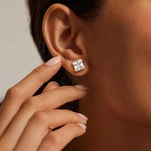 Brilliant Heart-cut/Oval-cut/Trillion-cut/Cushion-cut/Emerald-cut/Marquise-cut Stud, 925 Sterling Silver Cubic Zirconia Stud Earrings for Women Men - style: H-Square-cut-Yellow
