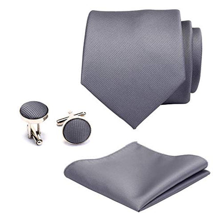 GUSLESON 3.15"（8cm） Solid Color Necktie and Pocket Square Cufflinks Sets For Men + Gift Box - color: Gray