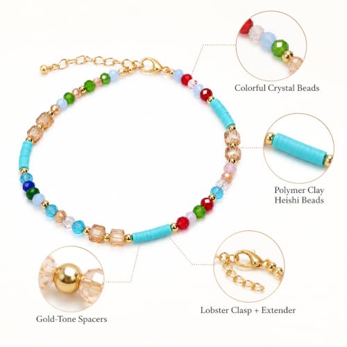 Beaded Beach Anklet Boho Elastic Foot Jewelry Colorful Beads Polymer Clay CharmsBohemian Summer Accessories for Seaside Vacations Festivals Women's Boho Ankle Chain | Colorful beaded anklet with boho beach style, adjustable chain fit and lightweight desig
