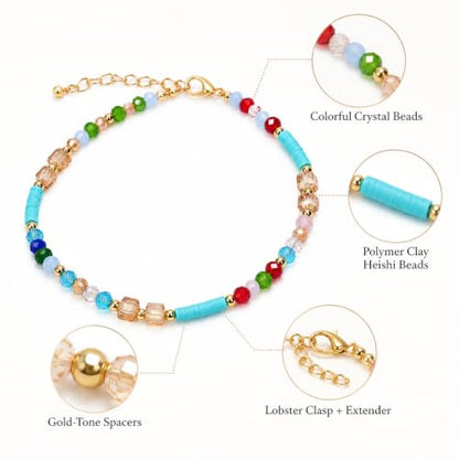 Beaded Beach Anklet Boho Elastic Foot Jewelry Colorful Beads Polymer Clay CharmsBohemian Summer Accessories for Seaside Vacations Festivals Women's Boho Ankle Chain | Colorful beaded anklet with boho beach style, adjustable chain fit and lightweight desig