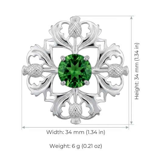 Alexander Castle 925 Sterling Silver Scottish Thistle Brooch Pin with Emerald CZ Stone & Jewelry Gift Box - Scottish Gift for Women