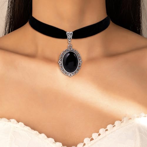 Qceasiy Gothic Black Necklace for Women, Adjustable Victorian Velvet Lace Collar, Halloween Party Cosplay Jewelry Gift - style: Black Gem