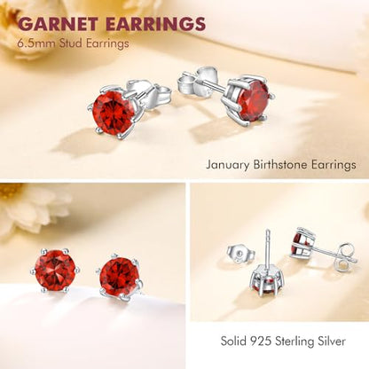DAYBYDAY 925 Sterling Silver Birthstone Earrings for Women, Crystal Stud Earrings, 6.5mm Round Cut Solitaire Gemstone Earrings Birthday Jewelry - style: Round Cut-01. Jan/created garnet