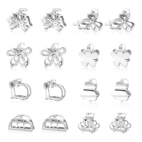 CWJCYTNSN 16PCS Small Metal Hair Claw Clips, Silver Mini Hair Clips for Thin Thick Hair, Cute Tiny Hair Clips, Little Flower Hair Jaw Clamps, Nonslip Bangs Pins Hair Accessories for Women Girls - color: Silver