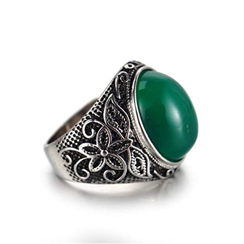Retro Unisex Stainless Steel Oval Gemstone Hollow Flower Carved Signet Ring - color: Silver-Green
