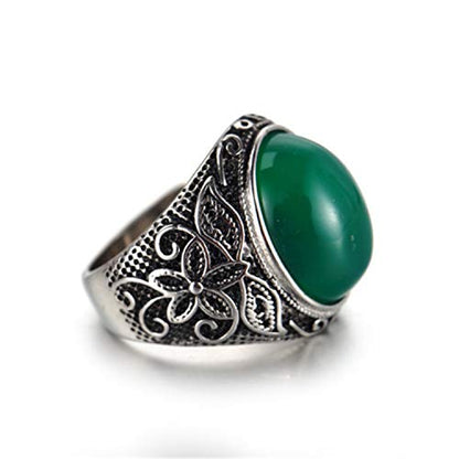 Retro Unisex Stainless Steel Oval Gemstone Hollow Flower Carved Signet Ring - color: Silver-Green