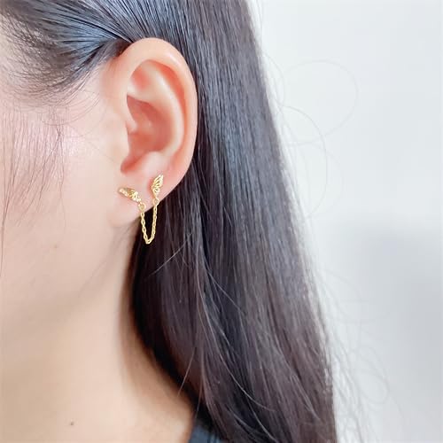 Cute Tiny Butterfly CZ Double Piercing Huggie Small Stud With Short Chain 925 Sterling Silver Cuff Wrap Earrings for Women Cartilage Two Holes Animal Dangle Drop Hypoallergenic - color: Gold