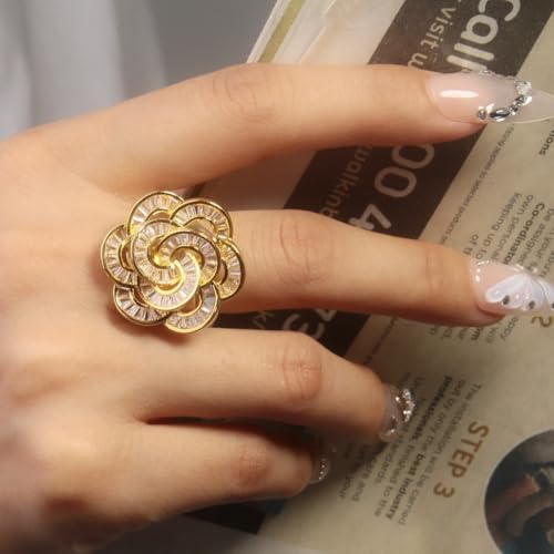 Gold Rose Flower Statement Cocktail Ring for Women Sparkly Rhinestones Crystal Floral Blooming Open Wrap Adjustable Finger Band Rings Stacking Comfort Fit Wedding Engagement Promise Fashion Jewelry