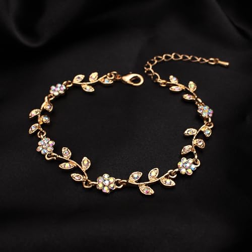 Austrian Crystal Rhinestone Choker Necklace Dangle Earring Link Bracelet Jewelry Set for Brides Bridesmaid Prom Costume Accessories for Women - color: AB Crystal-Gold Plated