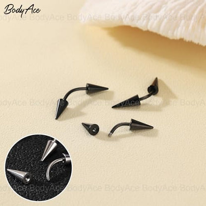 16G Spike Eyebrow Piercing Jewelry Curved Barbell Eyebrow Tragus Lip Rings | Black Spike Earrings with Balls Rook Nose Bridge Ring for Women Men - color: Bar Length:8mm