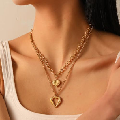 Angel Wings Loving Heart 14K Gold Plated Necklace Personality Hollow Heart Pendant Double-Deck Two Lobster Clasp Adjustable Extender - style: 14 Gold Angel Wings+Loving Heart