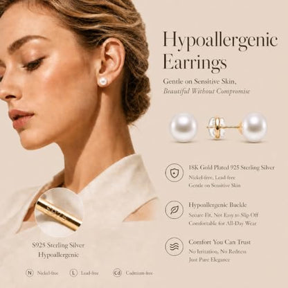 Pearl Earrings Hypoallergenic, Handpicked 18K Gold Plated Sterling Silver | Freshwater Cultured Pearl Stud Earrings Flat Back for Sensitive Ears, 8-14mm, Nickel Free, Non Tarnish Gift Pouch - size: 12mm