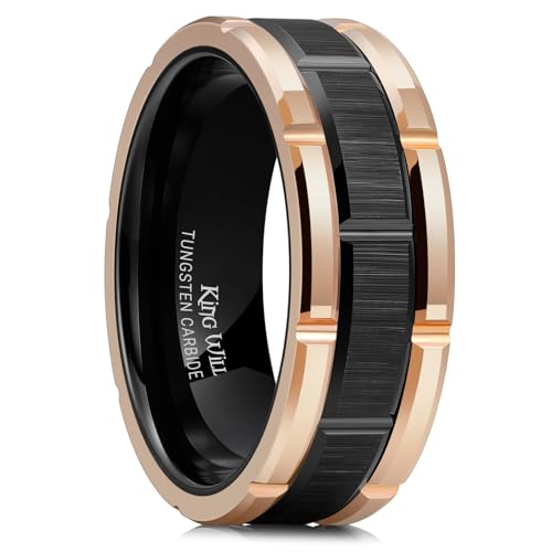 King Will Classic Mens 、Tungsten Carbide Rings Brick Pattern Groove Center | Silver/Black/Gold/Rose Gold, 8mm, Grooved, Comfort Fit, Brick pattern, Everyday Wear - color: A-Black & Rose Gold