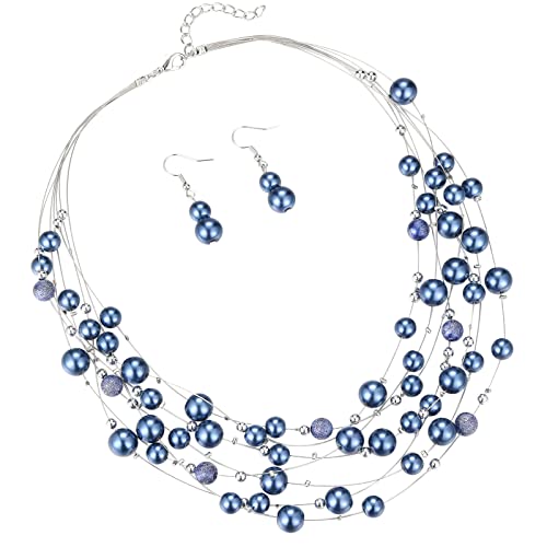 FULU AUTUMN Layered Pearl Necklace Multi-strand Pearl Choker Necklaces for Women Beaded jewelry for Wedding Parties - color: 37-Blue
