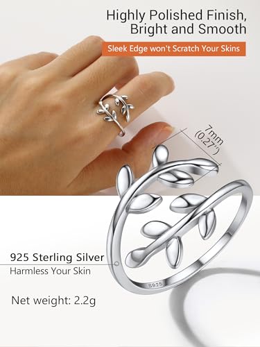 PROSILVER 925 Sterling Silver Adjustable Open Ring for Women, Solid Sterling Silver Stackable Ring, knuckle Finger Ring, Pinky Ring, Come with Box - style: 07 Olive Branch
