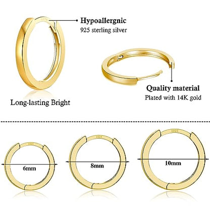 3 Pairs 925 Sterling Silver Hoop Earrings 14K White Gold Plated Small Silver Hoops Cartilage Huggie Earrings for Women Men - color: K-Gold 6/8/10mm