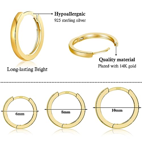 3 Pairs 925 Sterling Silver Small Huggie Hoop Earrings for Women Men | 14K White Gold Plated, Hypoallergenic, Small Silver Hoops - color: K-Gold 6/8/10mm