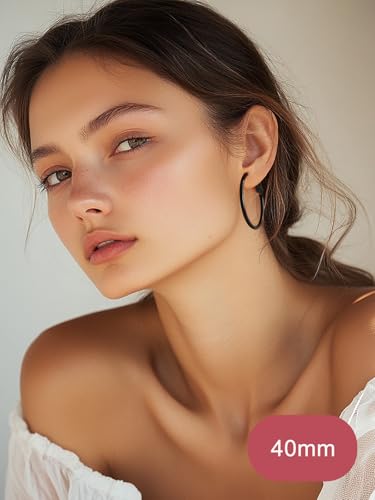 FOCALOOK 14K Gold Plated Lightweight Large Hoops| 2mm Thin Hoop Earrings for Women 30/40/50/70/100mm - color: 01.Black, size: 40mm
