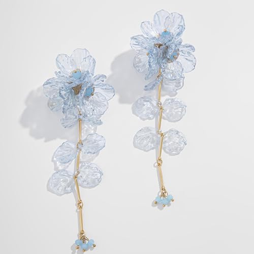 Fabric Flower Earrings for Women Colorful Long Tassel Floral Drop Earrings Fashion Boho Exaggerated Statement Beach Party Jewelry - color: acrylic blue