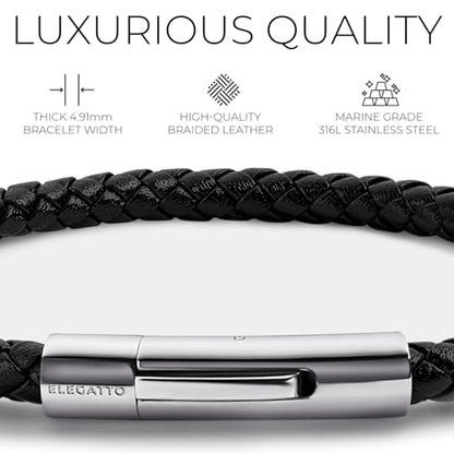 Elegatto Elagio Premium Braided Leather Bracelet for Men | Full-Grain Braided Leather with Sterling Silver Polished Stainless Steel Clasp | Men’s Designer Bracelets - color: Black Silver, size: Extra large