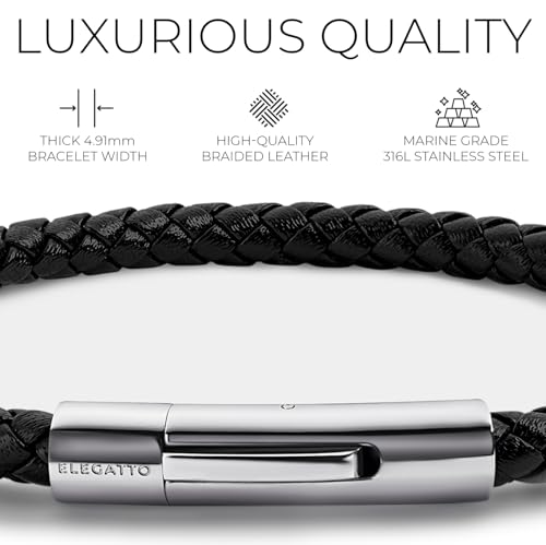 Elegatto Elagio Premium Braided Leather Bracelet for Men | Full-Grain Braided Leather with Sterling Silver Polished Stainless Steel Clasp | Men’s Designer Bracelets - color: Black Silver, size: Small