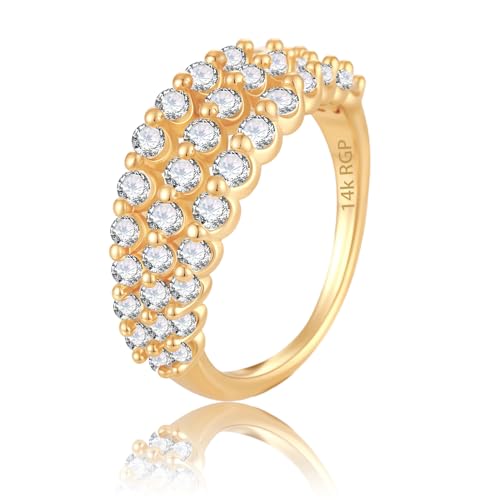 Wedding Bands for Women 14K Gold Plated Cubic Zirconia Triple Half Eternity Ring Stacking Statement Rings Gift for Her Size 5 to 10 - color: Gold