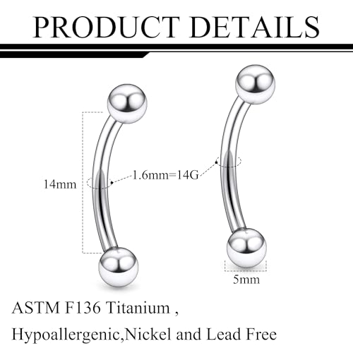 20g 18g 16g 14g Rook Piercing Jewelry Titanium Externally Threaded Curved Barbell Eyebrow Tragus Helix Conch Lobe Labret Earrings Lip Rings Body Piercing Jewelry For Women Men Ball Spike 6mm-19mm - size: 14G - 14mm Ball