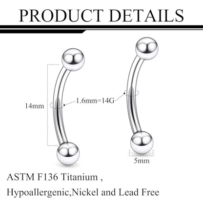 20g 18g 16g 14g Rook Piercing Jewelry Titanium Externally Threaded Curved Barbell Eyebrow Tragus Helix Conch Lobe Labret Earrings Lip Rings Body Piercing Jewelry For Women Men Ball Spike 6mm-19mm - size: 14G - 14mm Ball