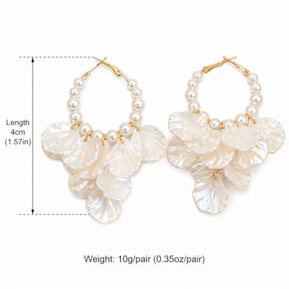 Pearl Hoop Dangle Earrings for Women, White Petal Statement Earrings, Floral Drop Earrings, Lightweight Elegant Wedding Vacation Party Jewelry - color: A0028-Petal Pearl Earrings