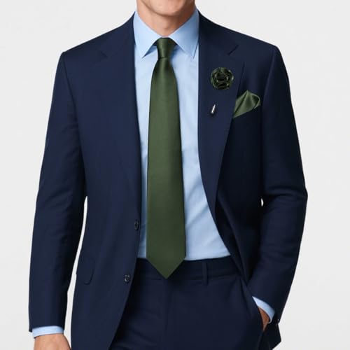 Solid Color Tie and Pocket Square with Tie Clip Lapel Pin Silk Formal Necktie Set Wedding Formal - color: Olive Green